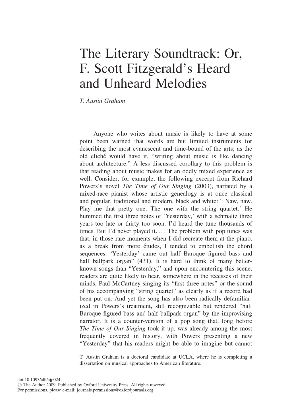 The Literary Soundtrack: Or, F. Scott Fitzgerald's Heard and Unheard Melodies