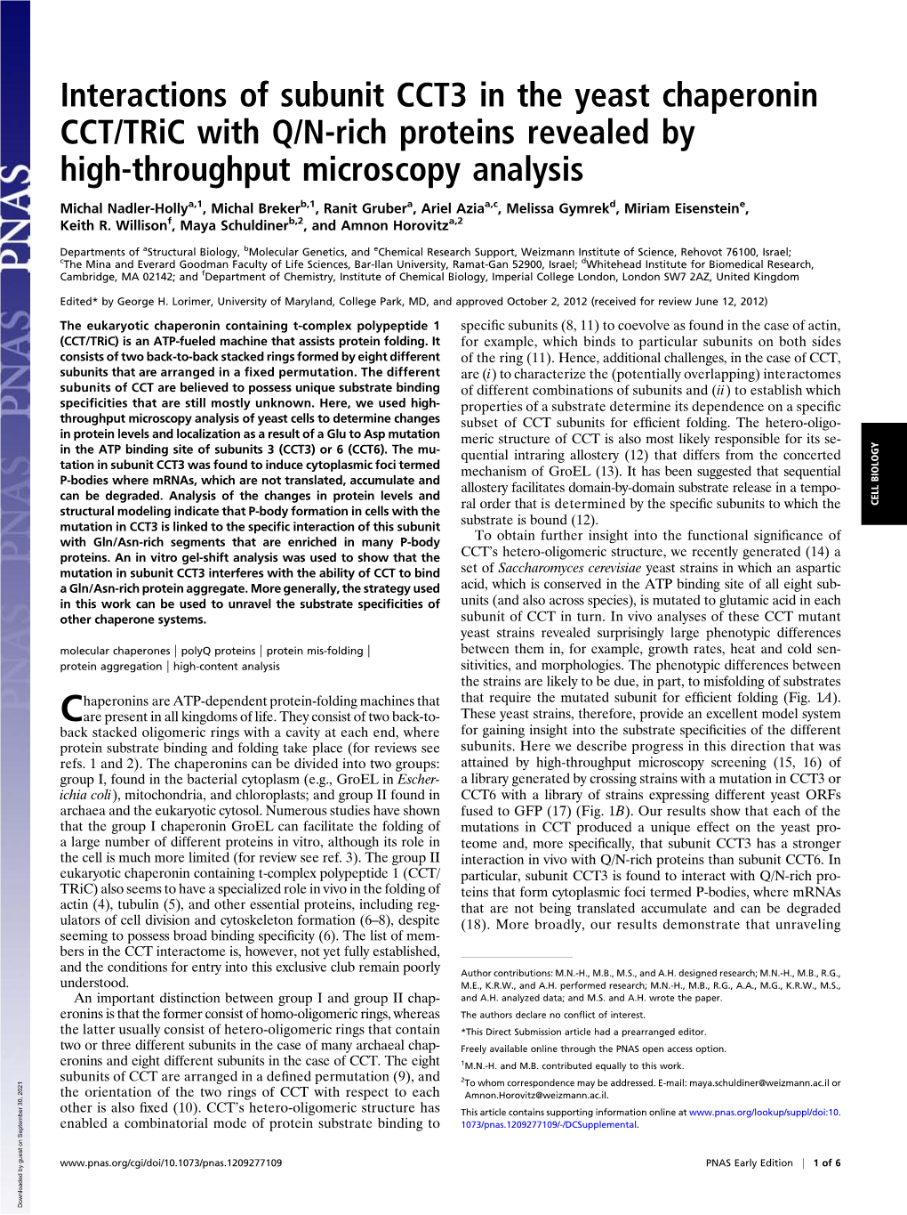 Interactions of Subunit CCT3 in the Yeast Chaperonin CCT/Tric with Q/N-Rich Proteins Revealed by High-Throughput Microscopy Analysis