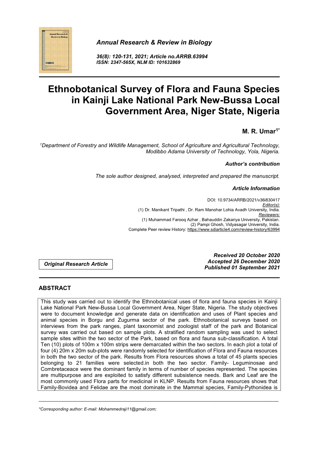 Ethnobotanical Survey of Flora and Fauna Species in Kainji Lake National Park New-Bussa Local Government Area, Niger State, Nigeria