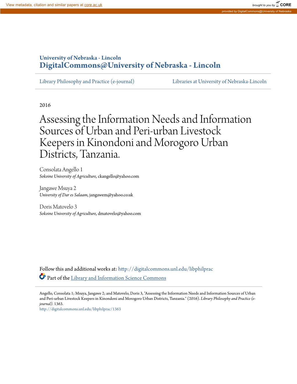 Assessing the Information Needs and Information Sources of Urban and Peri-Urban Livestock Keepers in Kinondoni and Morogoro Urban Districts, Tanzania