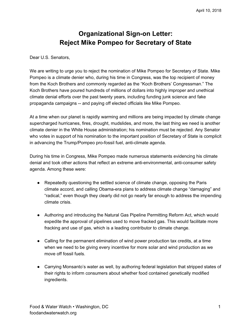 Organizational Sign-On Letter: Reject Mike Pompeo for Secretary of State