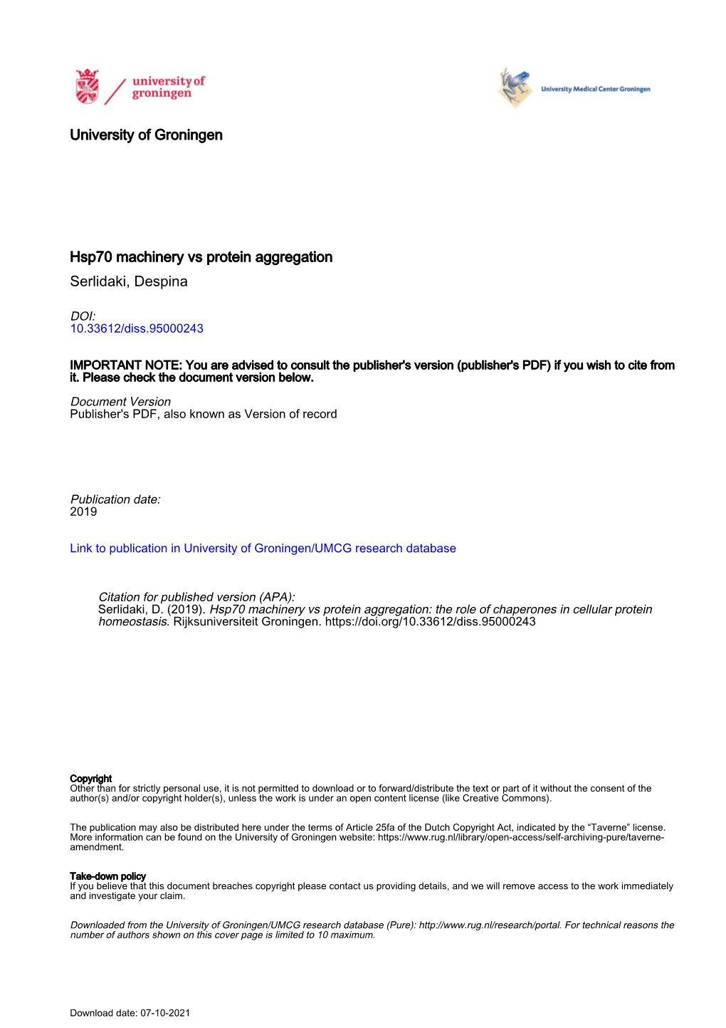 University of Groningen Hsp70 Machinery Vs Protein Aggregation