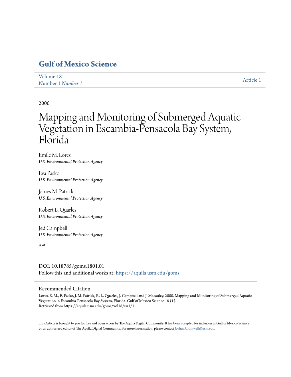 Mapping and Monitoring of Submerged Aquatic Vegetation in Escambia-Pensacola Bay System, Florida Emile M