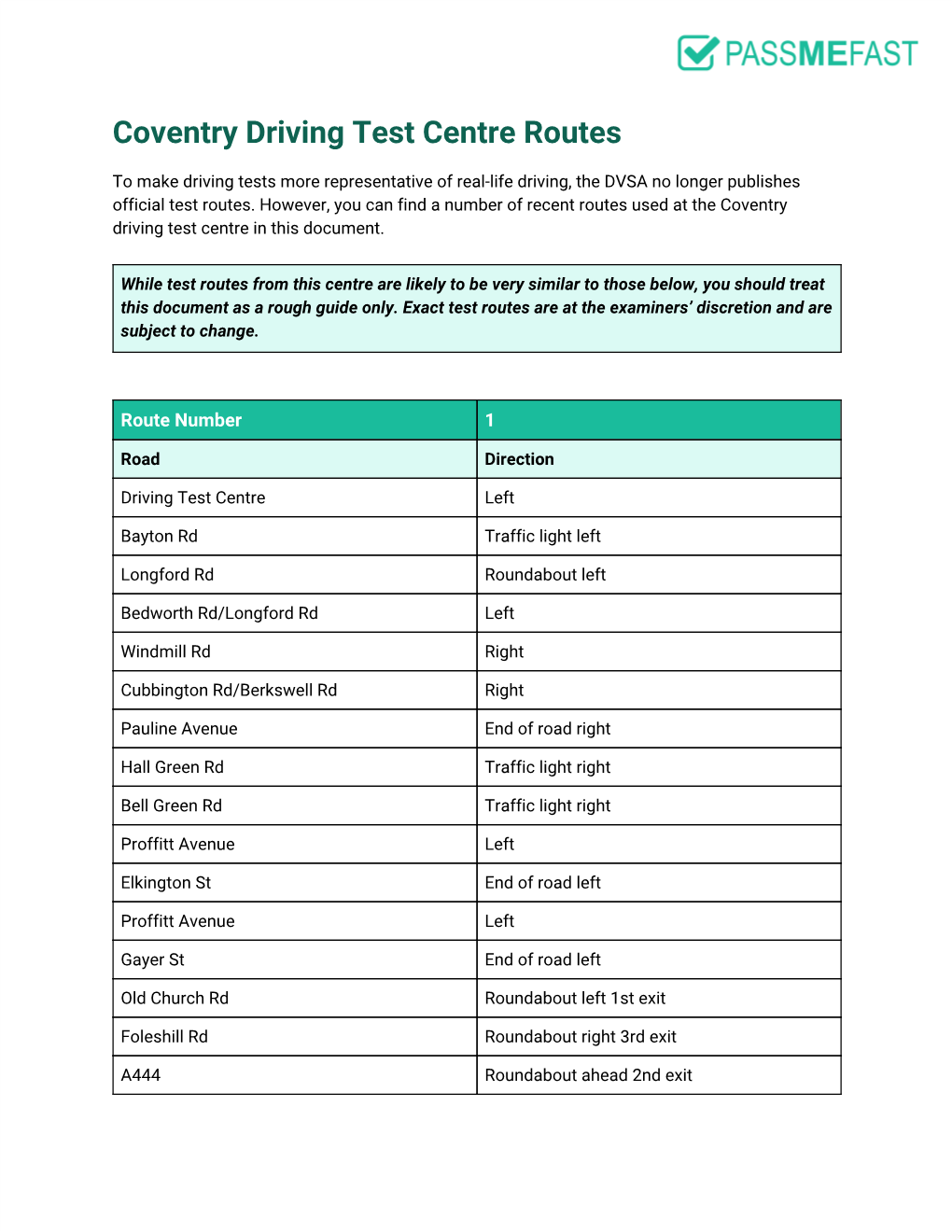 Coventry Driving Test Centre Routes