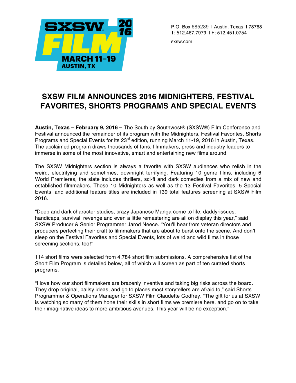 2016 SXSW Midnighters, Festival Favorites, Shorts & Special Events