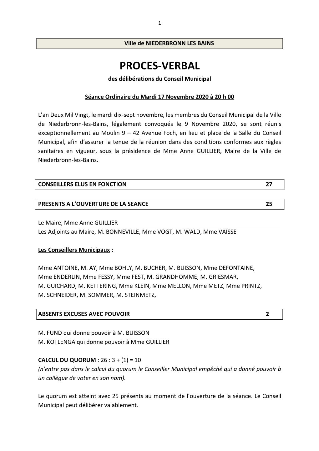 PROCES-VERBAL Des Délibérations Du Conseil Municipal