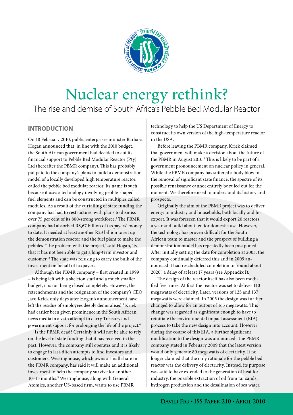 Nuclear Energy Rethink? the Rise and Demise of South Africa’S Pebble Bed Modular Reactor