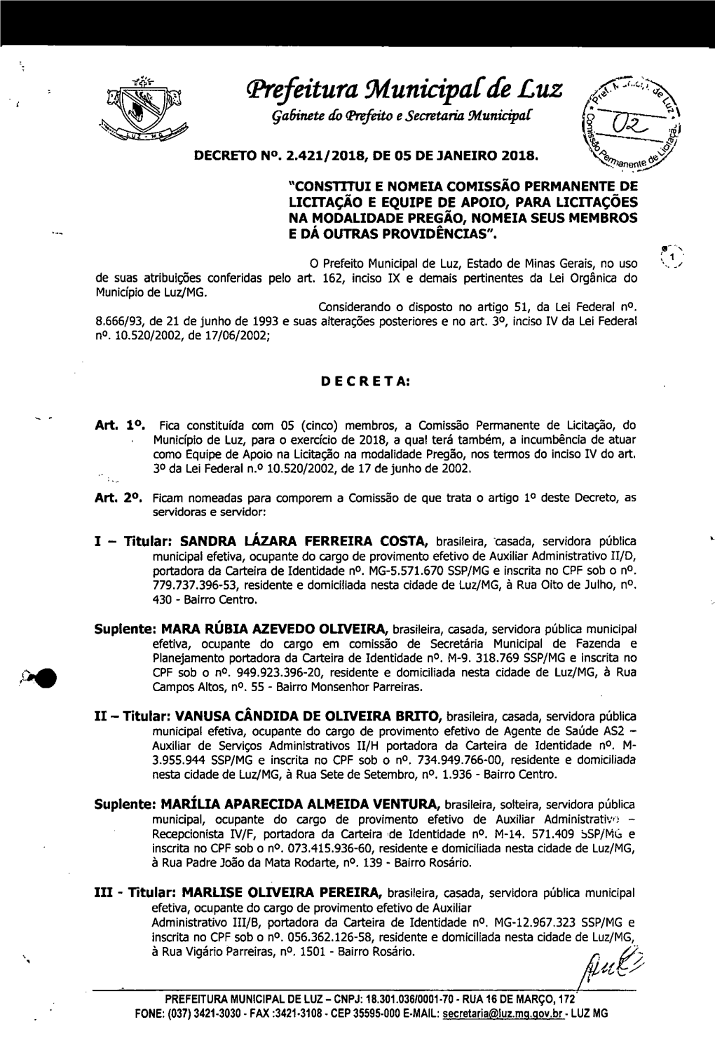Prefeitura Municipal De Luz (\N..Fr� ( 4.‘ Gabinete Do Trrfeito E Secretaria 31Unicipal"