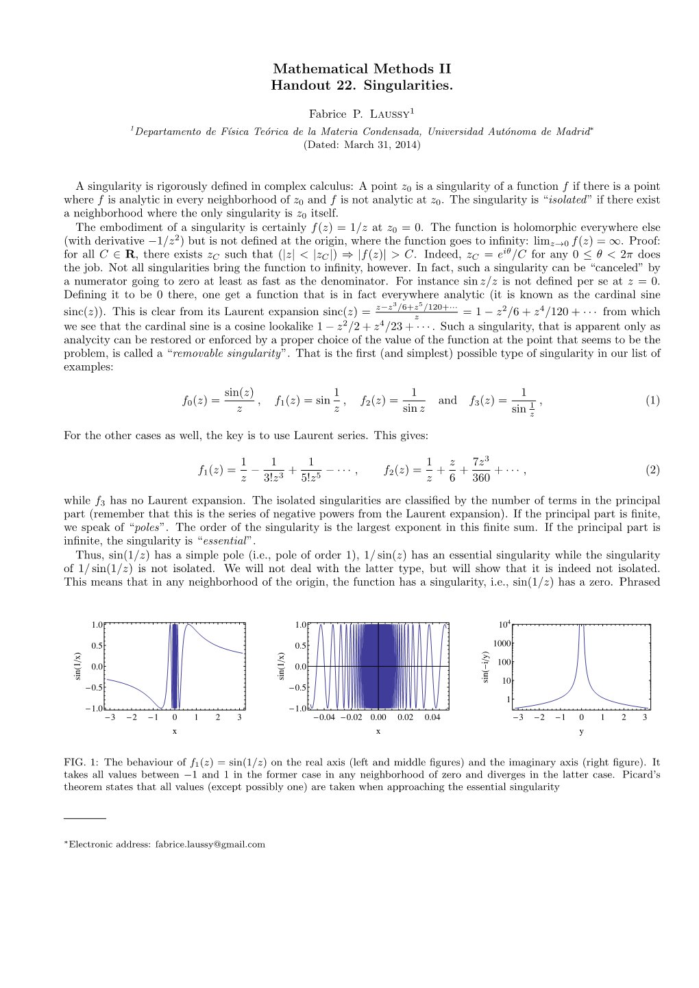 Mathematical Methods II Handout 22. Singularities