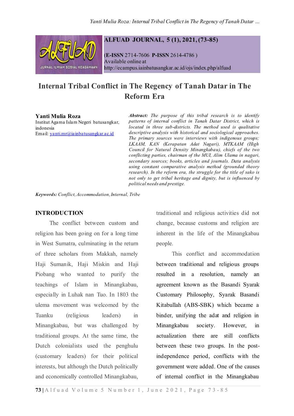 Internal Tribal Conflict in the Regency of Tanah Datar in the Reform Era