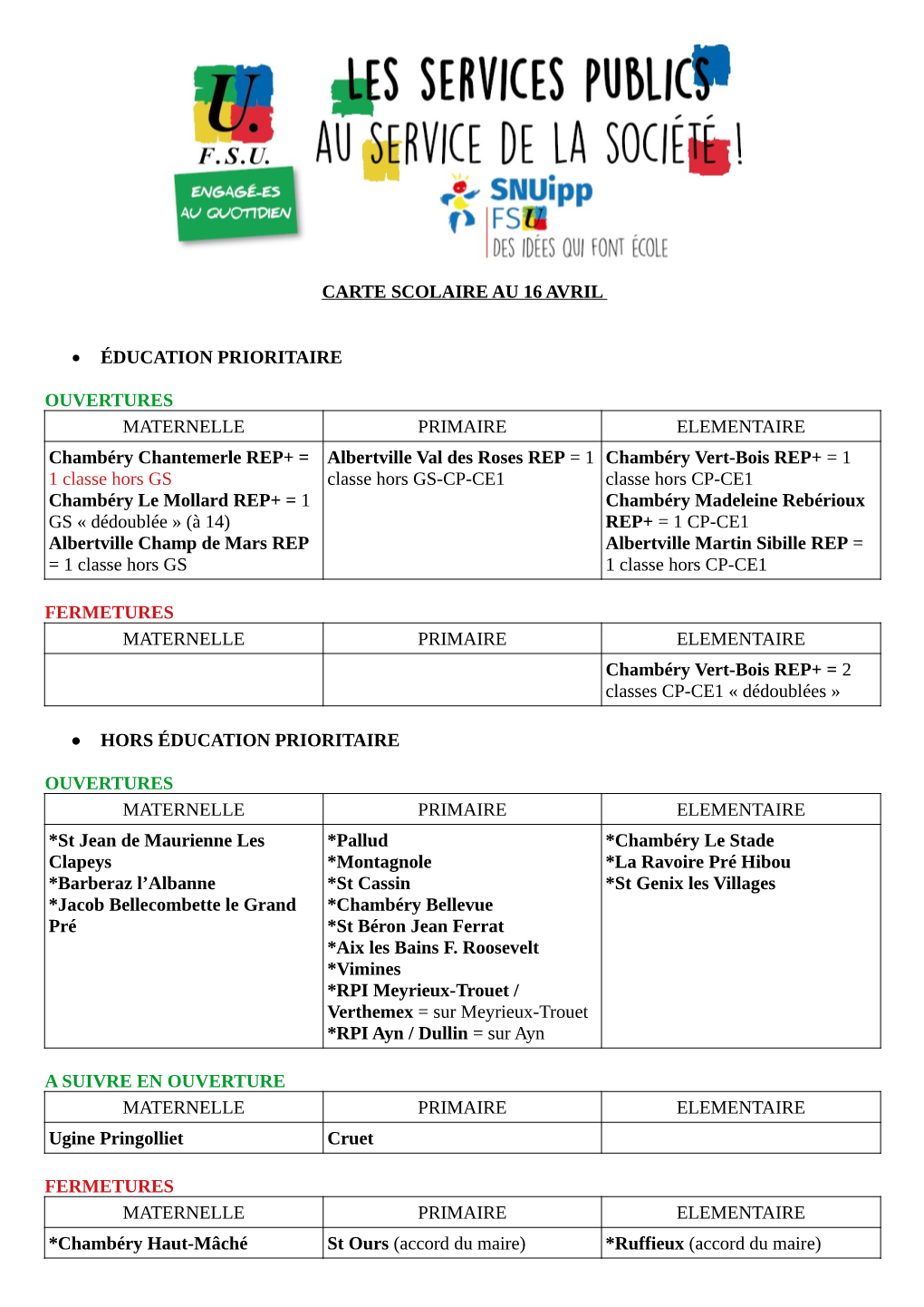 CARTE SCOLAIRE AU 16 AVRIL • ÉDUCATION PRIORITAIRE OUVERTURES MATERNELLE PRIMAIRE ELEMENTAIRE Chambéry Chantemerle REP+