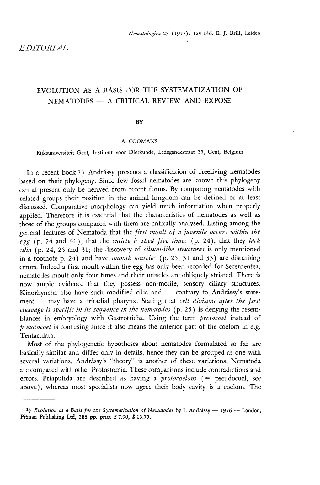 Evolution As a Basis for the Systematization of Nematodes - a Critical Review and Expose