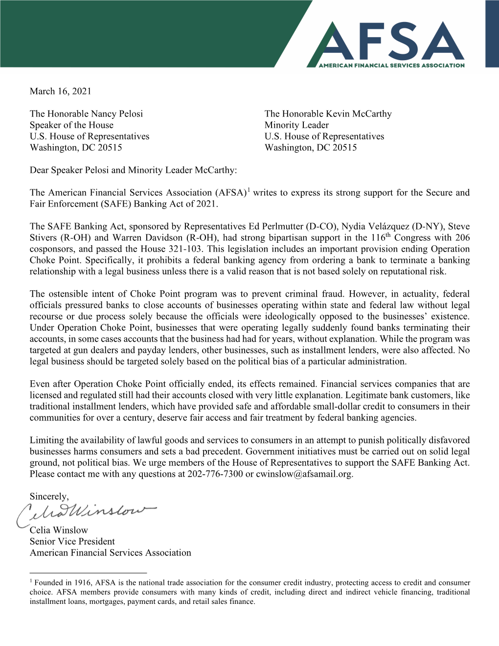 AFSA Letter Supporting SAFE Banking