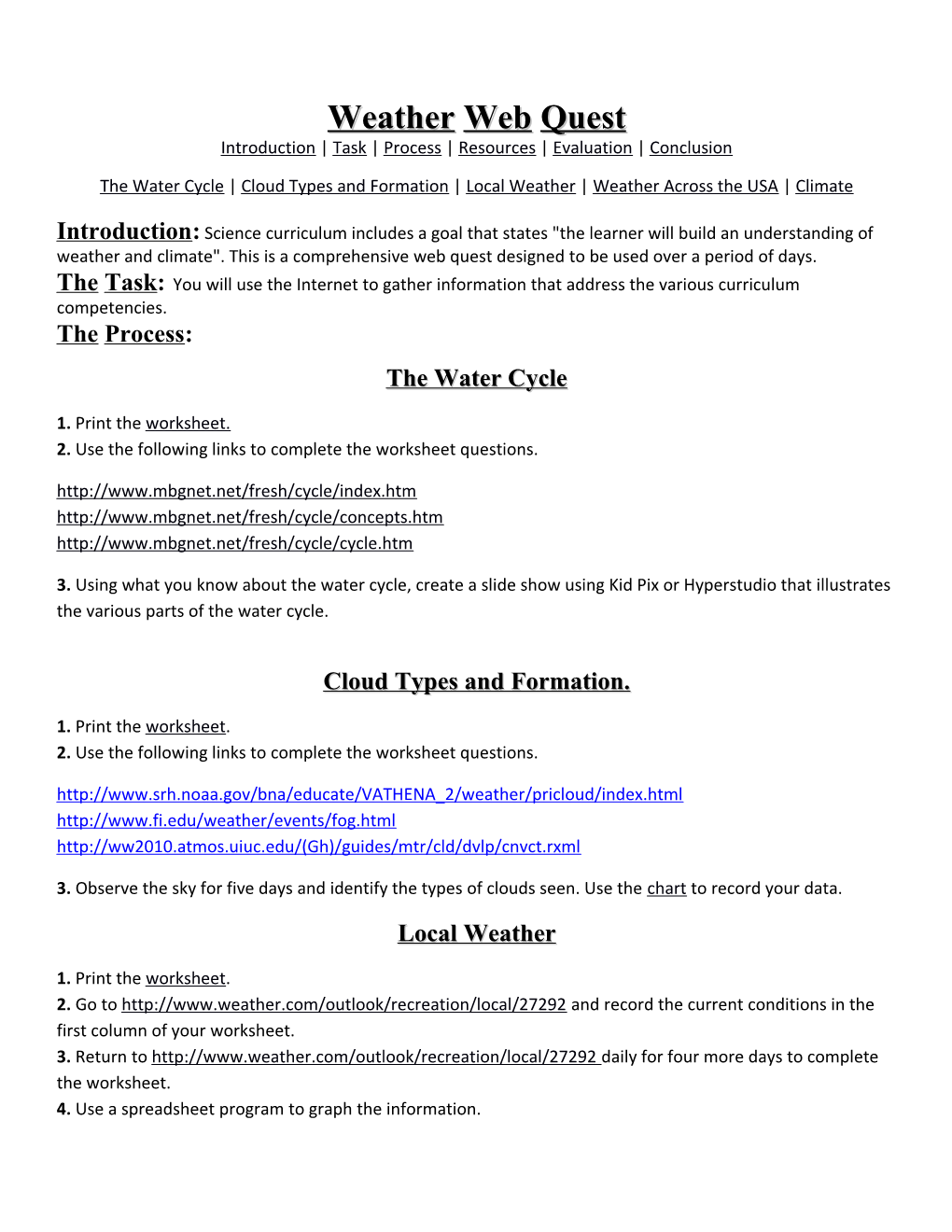 Weather Web Quest Introduction Task Process Resources Evaluation Conclusion