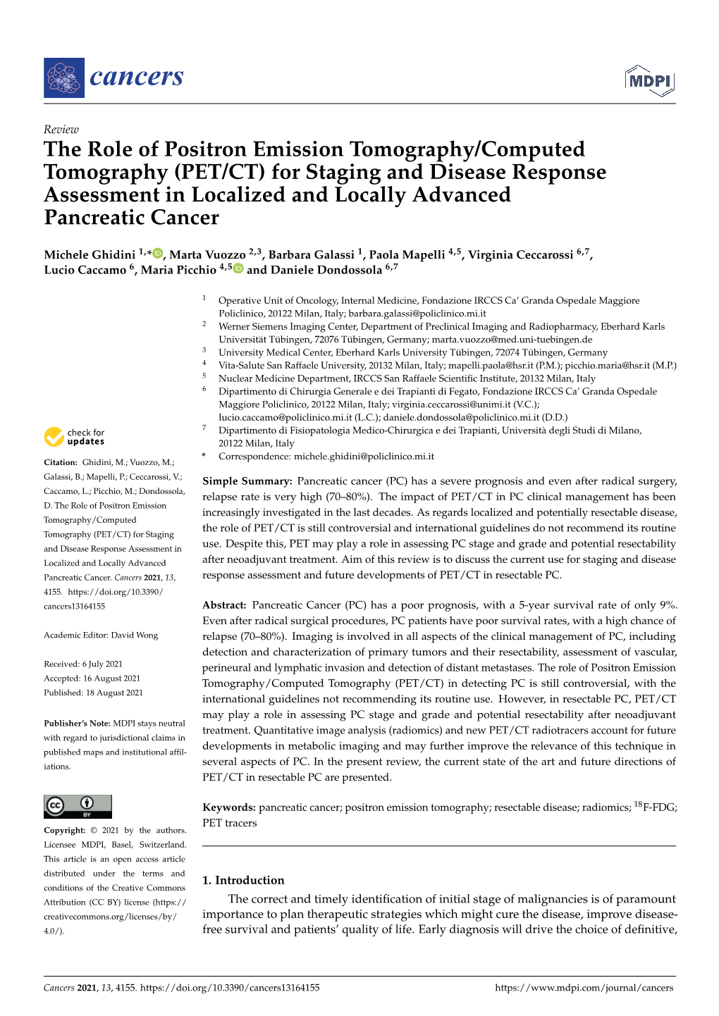 (PET/CT) for Staging and Disease Response Assessment in Localized and Locally Advanced Pancreatic Cancer