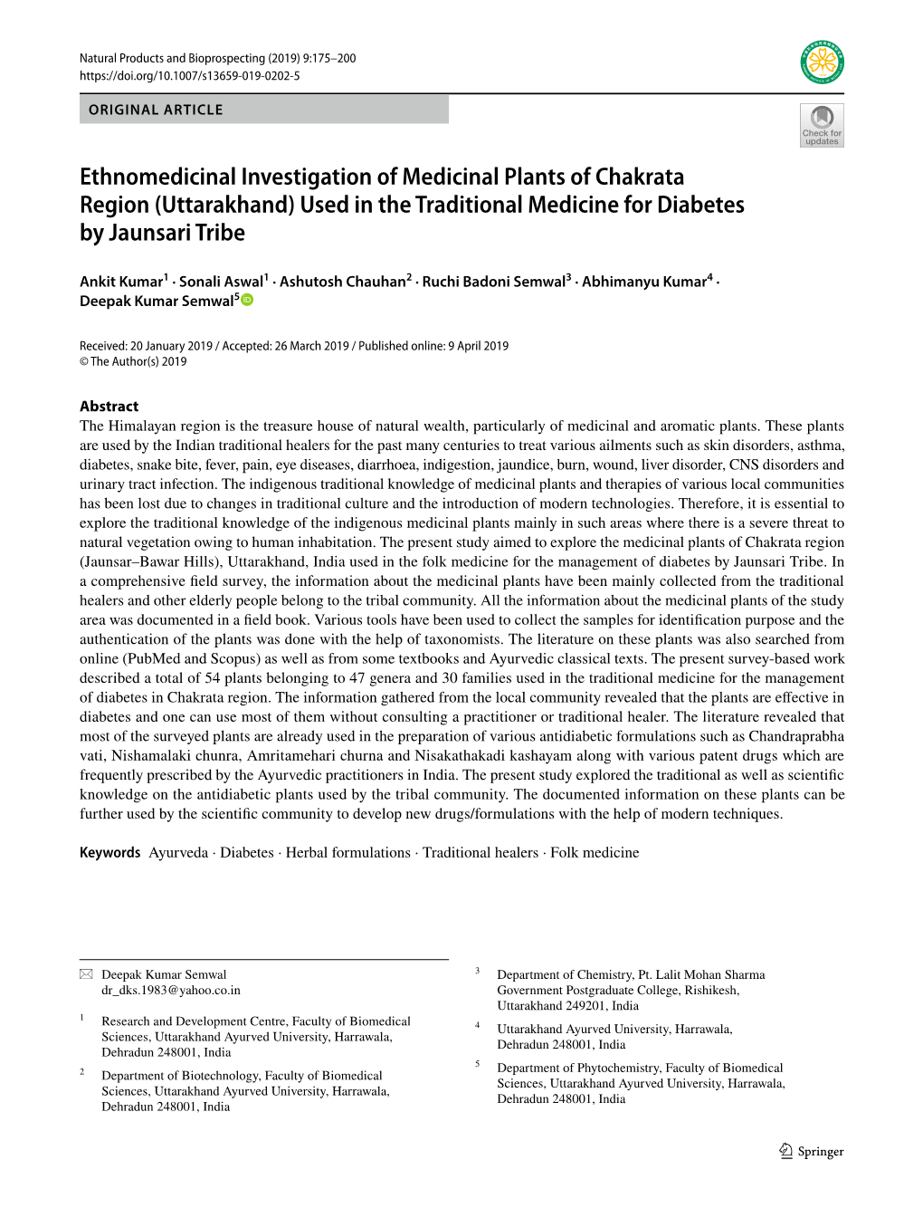 Ethnomedicinal Investigation of Medicinal Plants of Chakrata Region (Uttarakhand) Used in the Traditional Medicine for Diabetes by Jaunsari Tribe