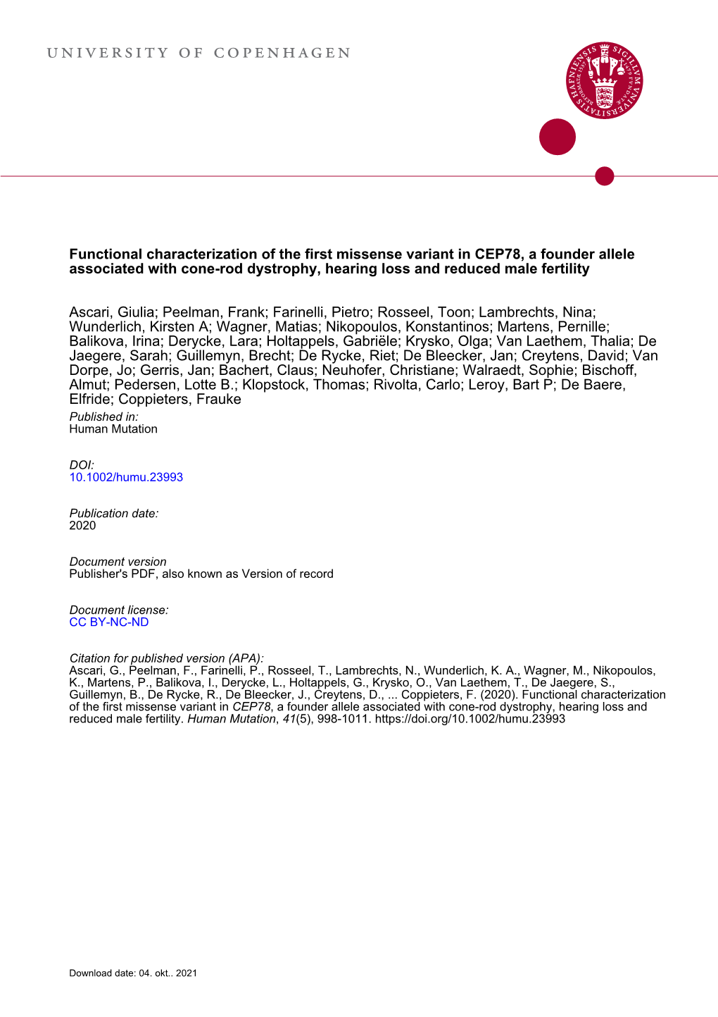 Functional Characterization of the First Missense Variant in CEP78, a Founder Allele Associated with Cone‐Rod Dystrophy, Hearing Loss, and Reduced Male Fertility