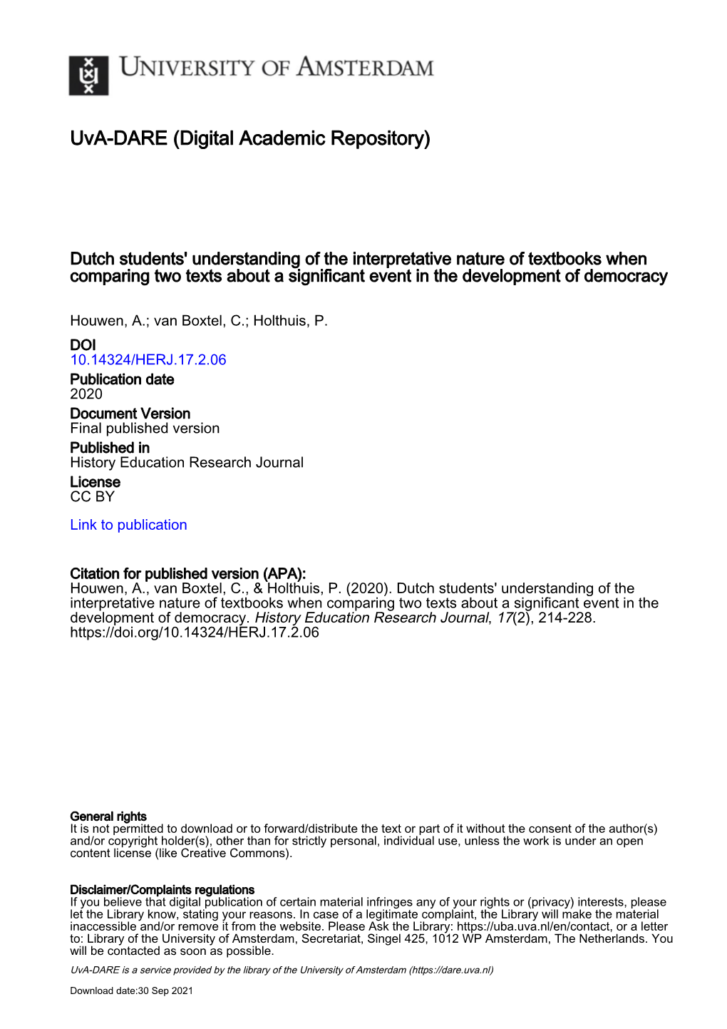Dutch Students' Understanding of the Interpretative Nature of Textbooks When Comparing Two Texts About a Significant Event in the Development of Democracy