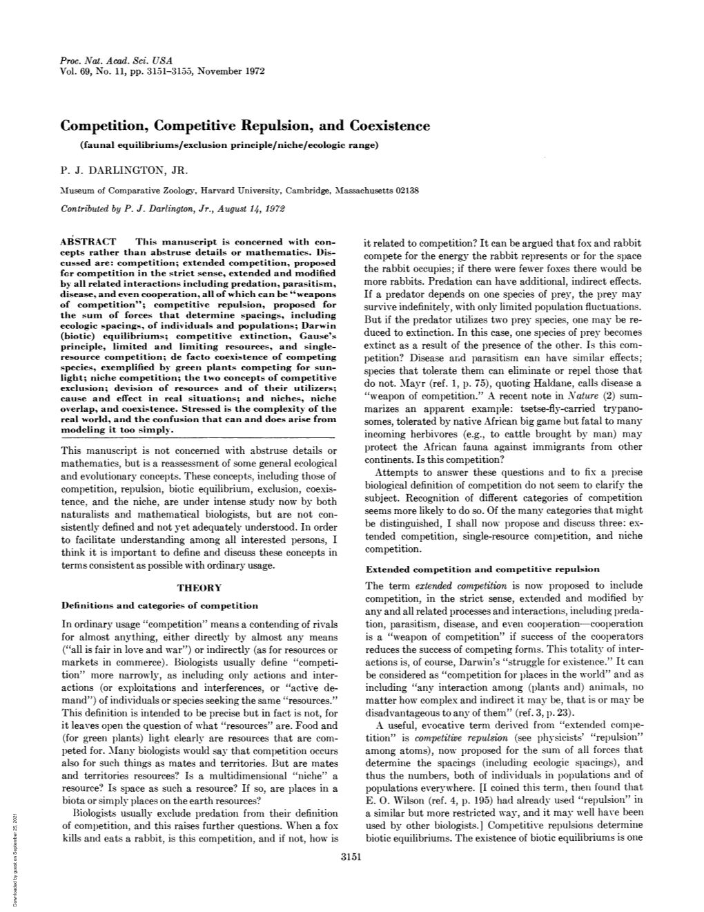 Competition, Competitive Repulsion, and Coexistence (Faunal Equilibriums/Exclusion Principle/Niche/Ecologic Range)