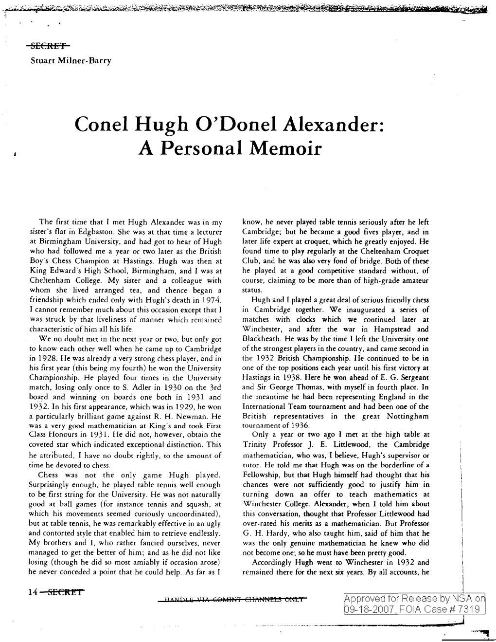 Conel Hugh O'donel Alexander: a Personal Memoir