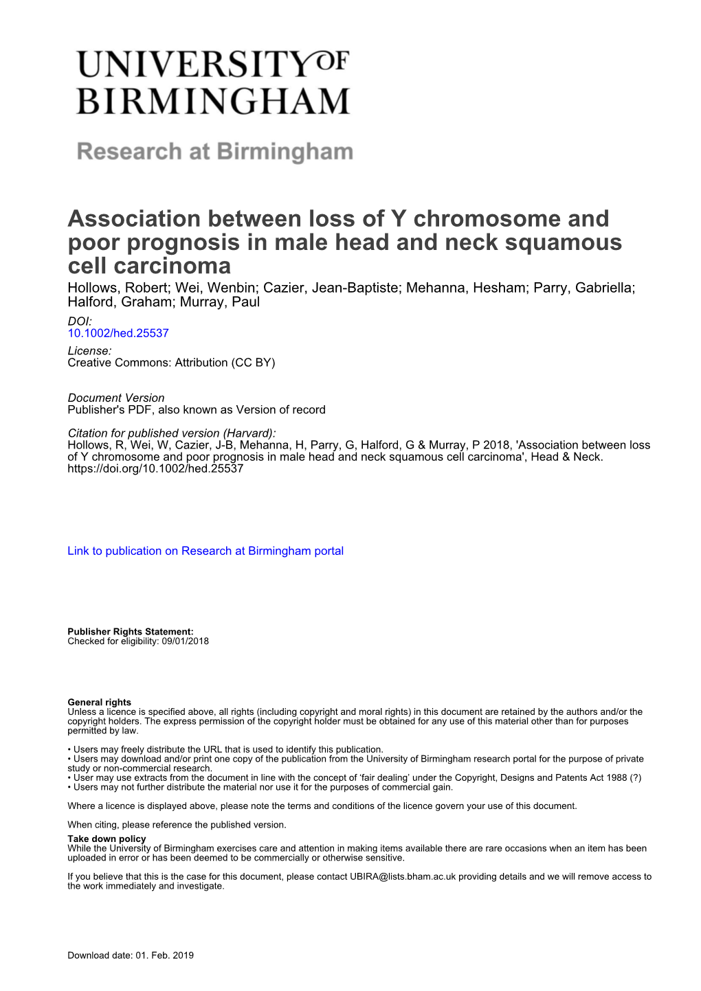 Loss of the Y Chromosome Is Associated with Poor Prognosis in Male Head and Neck Squamous Cell Carcinoma