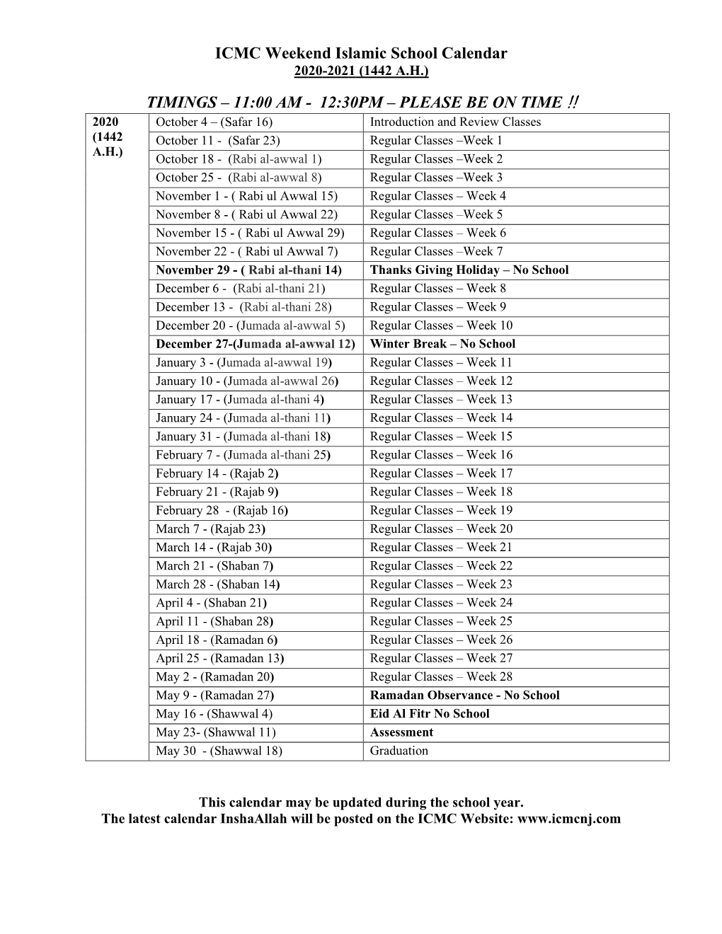 ICMC Weekend Islamic School Calendar TIMINGS – 11:00 AM