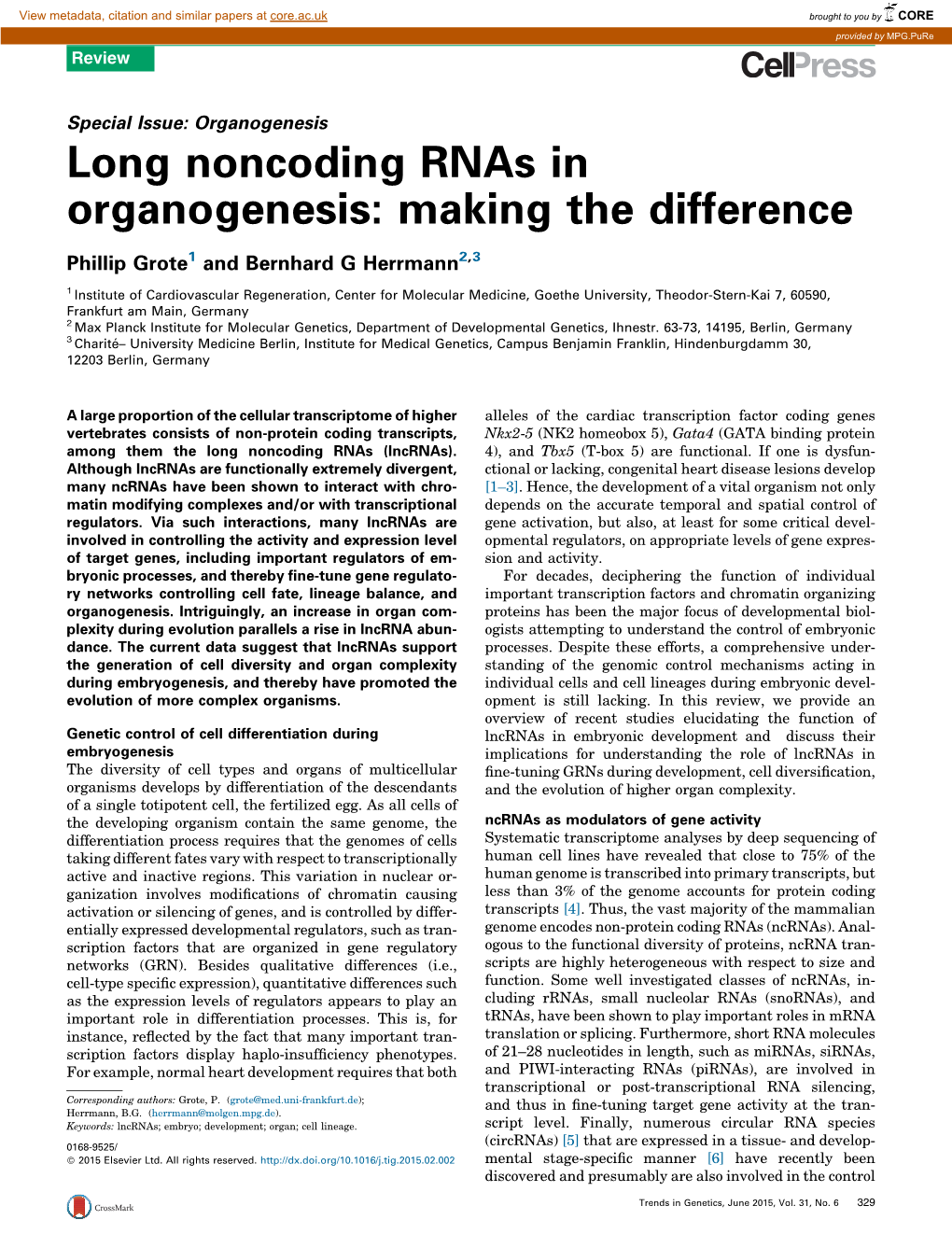 Long Noncoding Rnas in Organogenesis