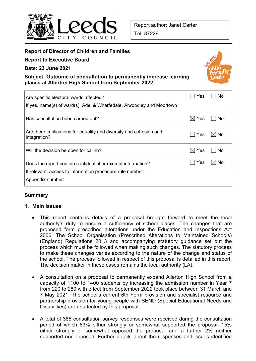 Allerton High School Cover Report 110621 PDF 191 KB