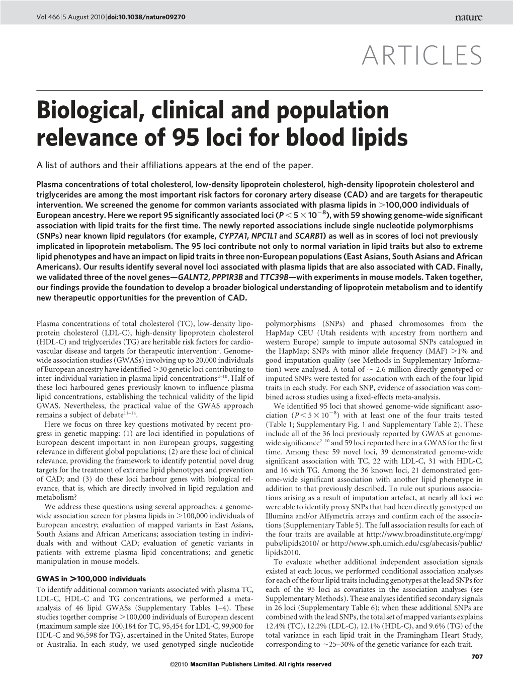 Biological, Clinical and Population Relevance of 95 Loci for Blood Lipids