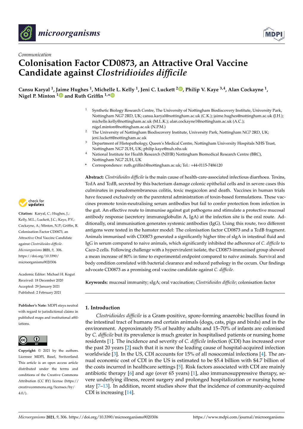 Colonisation Factor CD0873, an Attractive Oral Vaccine Candidate Against Clostridioides Difﬁcile