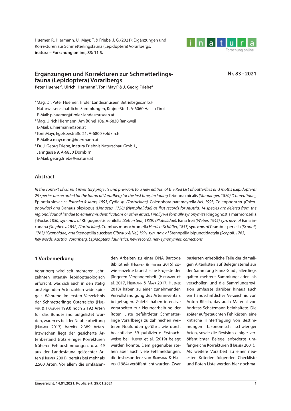 Ergänzungen Und Korrekturen Zur Schmetterlings- Fauna