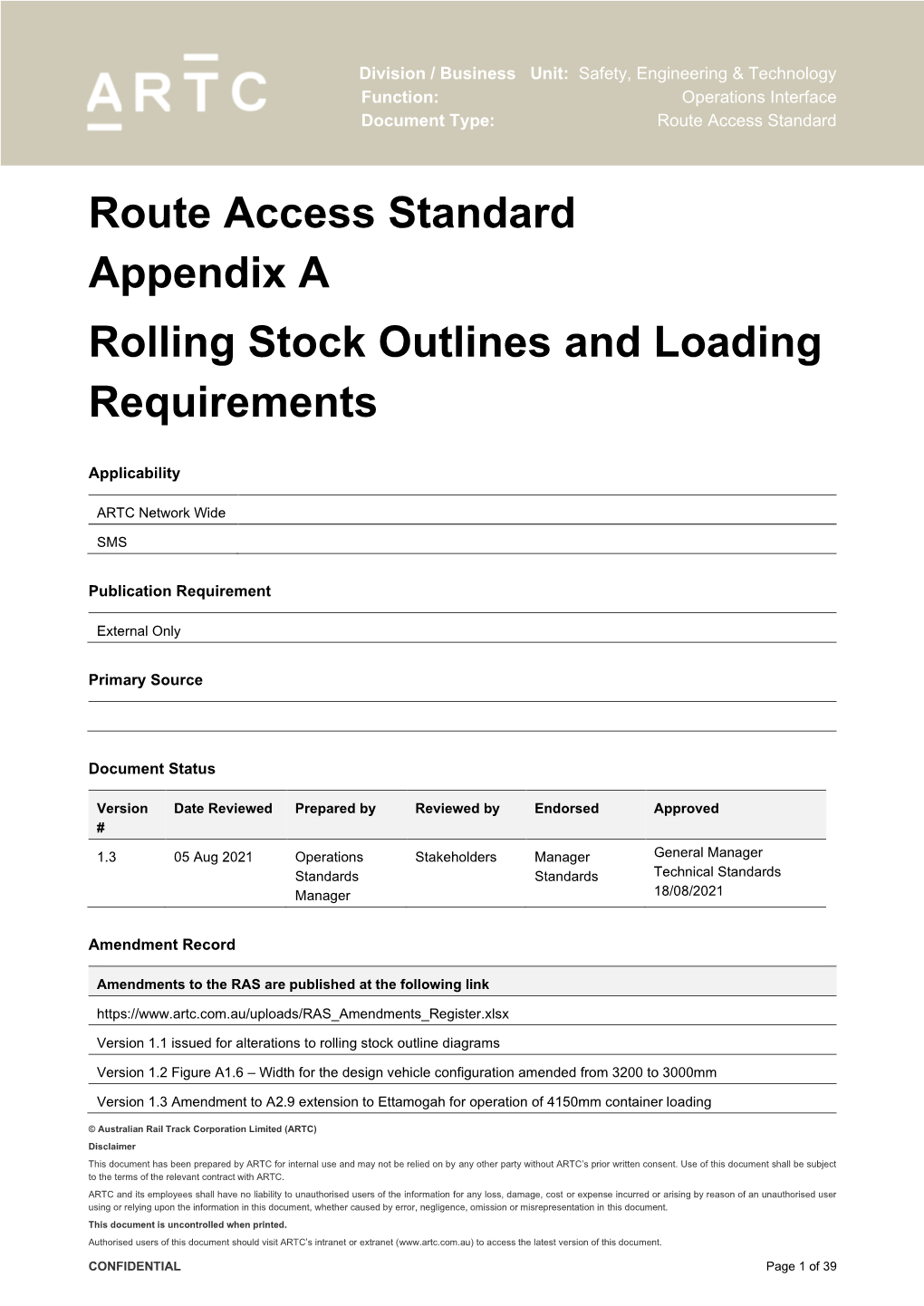 RAS Manual Appendix a – Rolling Stock Outlines and Loading