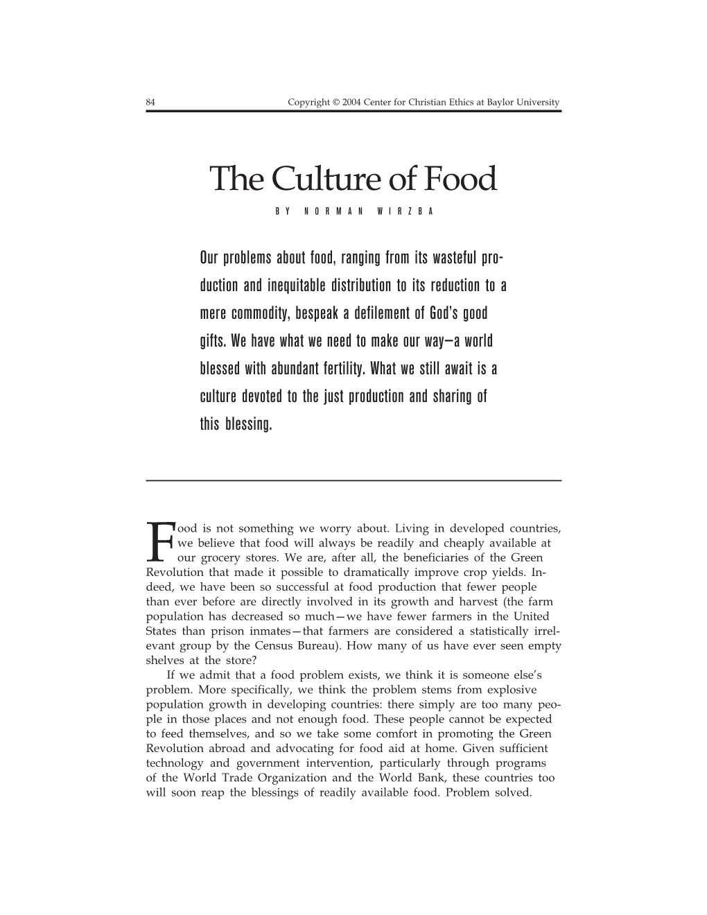 The Culture of Food by NORMAN WIRZBA