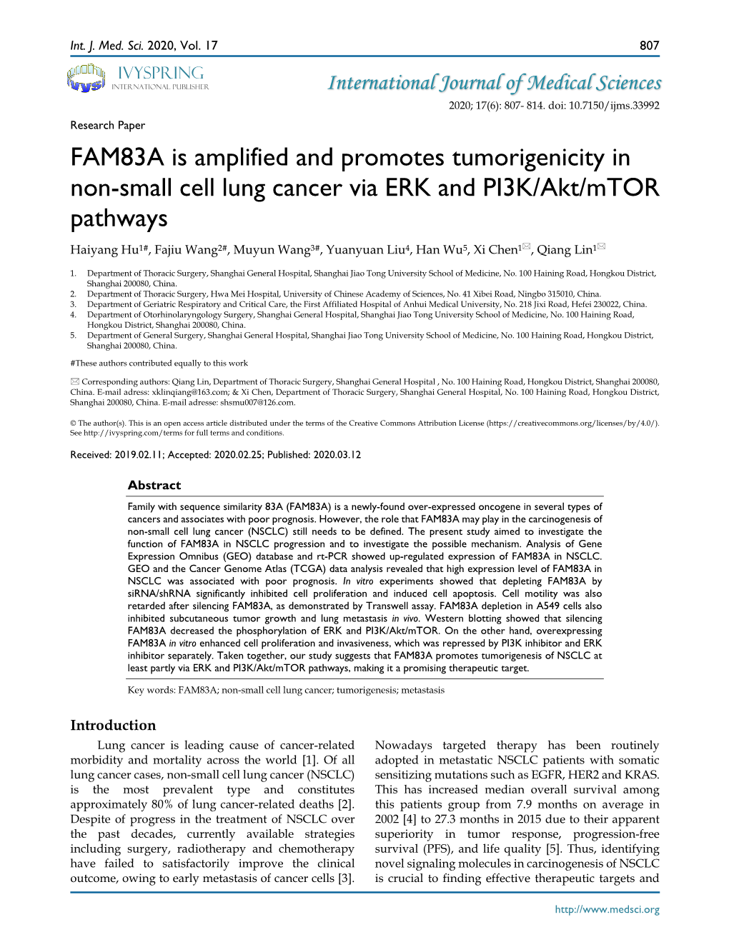 FAM83A Is Amplified and Promotes Tumorigenicity in Non-Small Cell Lung Cancer Via ERK and PI3K/Akt/Mtor Pathways