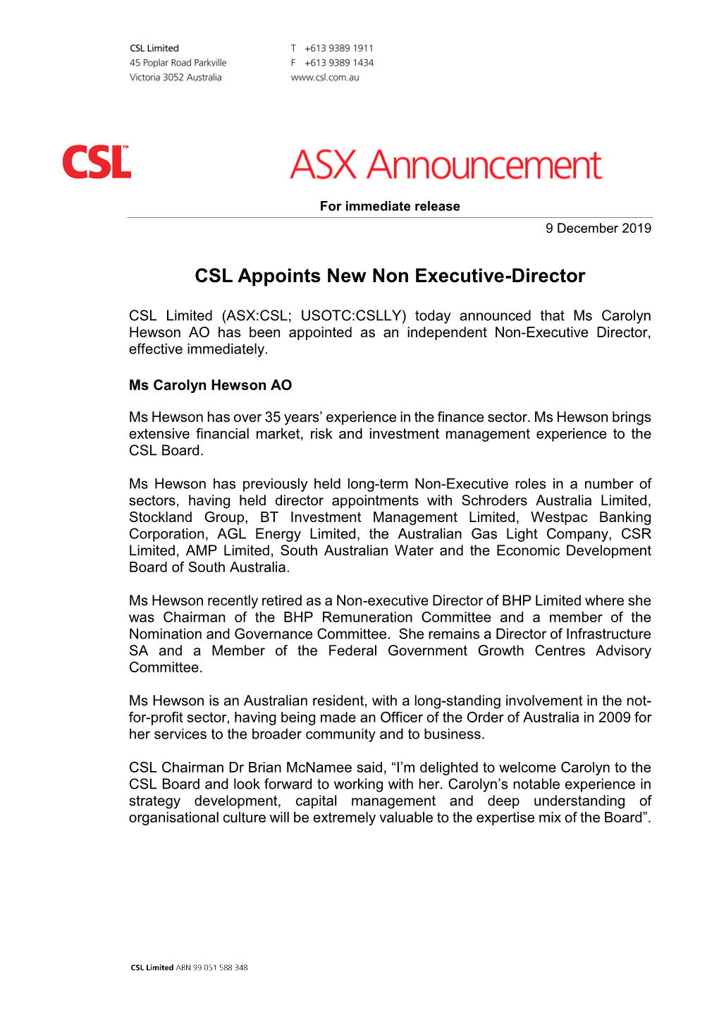 CSL Appoints New Non Executive-Director
