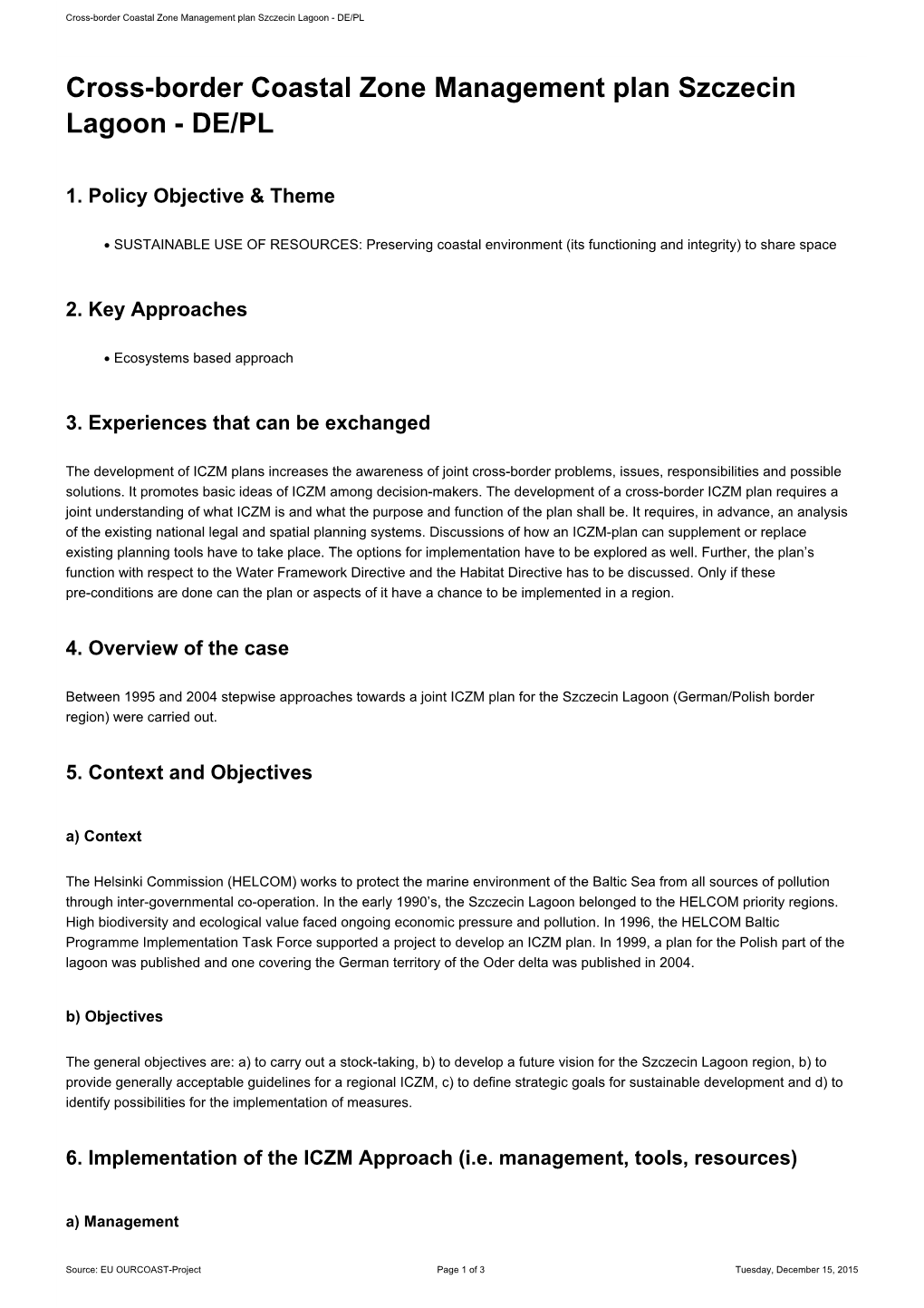 Cross-Border Coastal Zone Management Plan Szczecin Lagoon - DE/PL