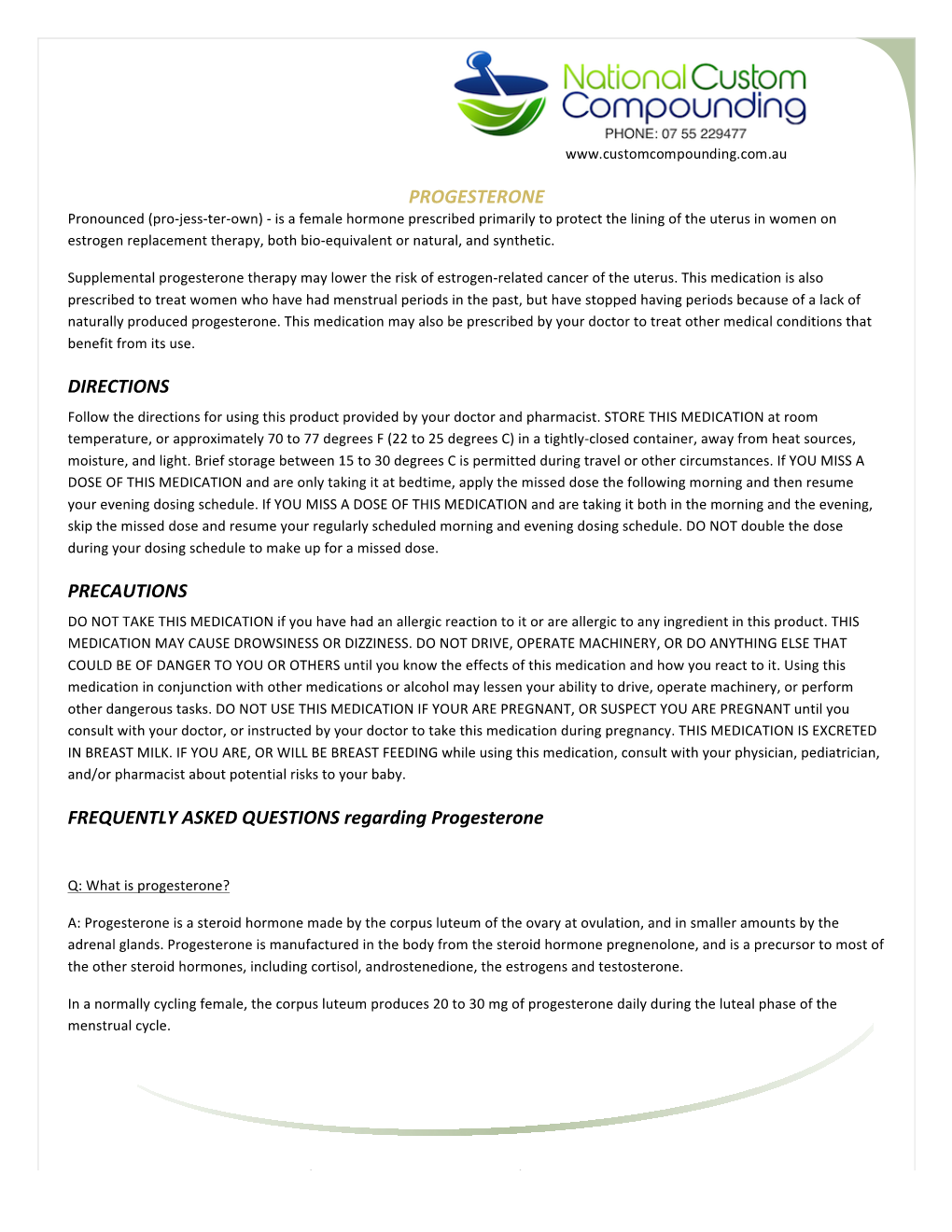 Progesterone Directions Precautions Frequently