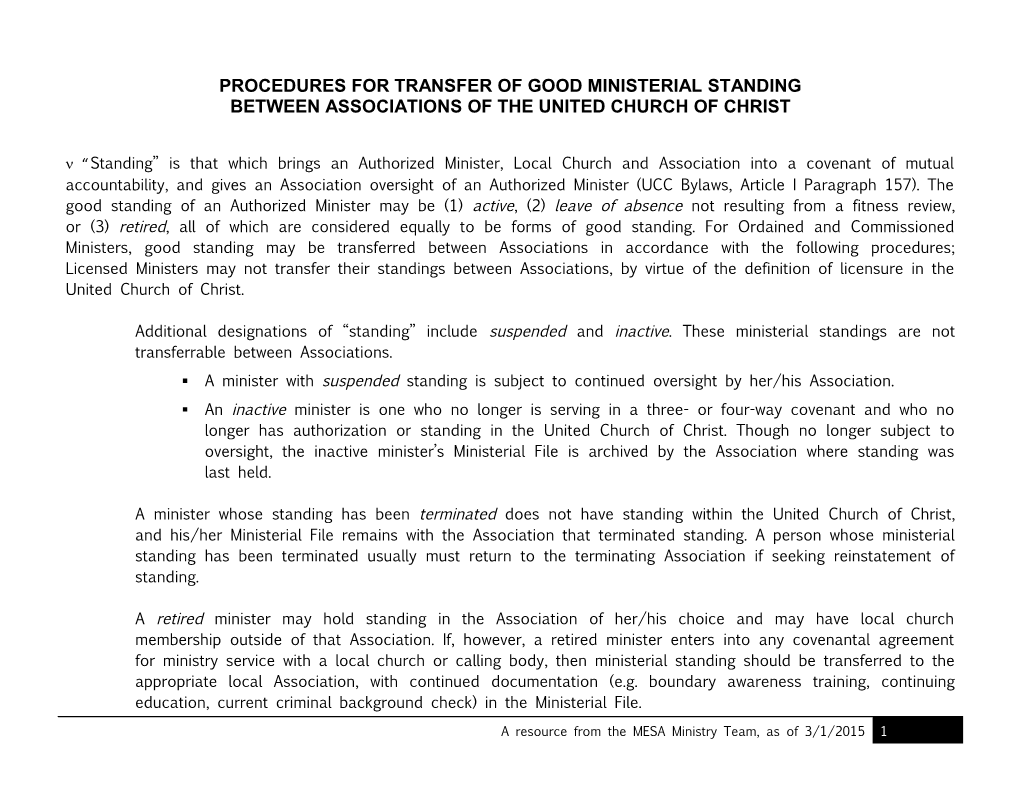 Procedures for Transfer of Good Ministerial Standing