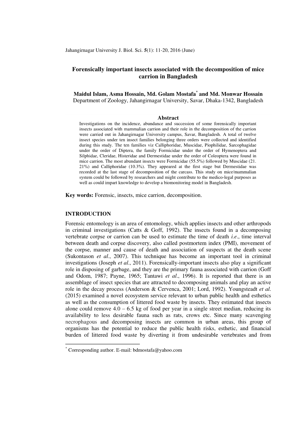 Forensically Important Insects Associated with the Decomposition of Mice Carrion in Bangladesh