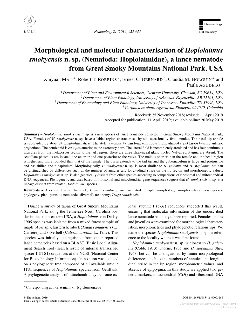 Morphological and Molecular Characterisation of Hoplolaimus Smokyensis N