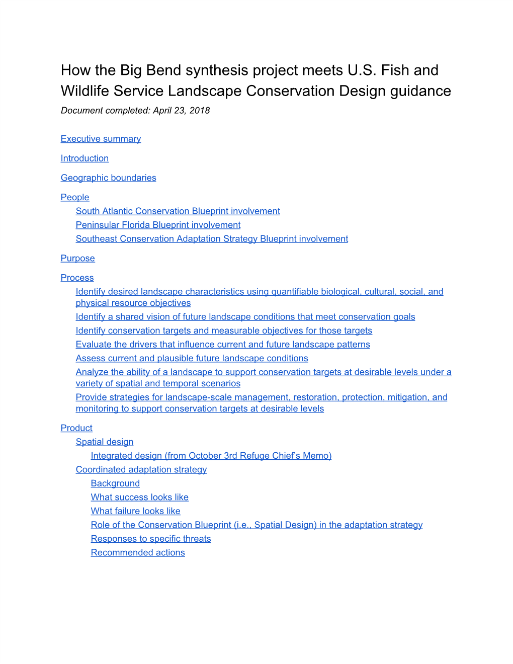 How the Big Bend Synthesis Project Meets U.S. Fish and Wildlife Service Landscape Conservation Design Guidance Document Completed: April 23, 2018