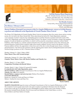 Cal Poly Pomona Music Department for Details, Contact: for Release: February 6, 2015 Martin Chalifour, Principal Concertmaster
