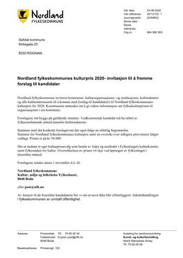 Nordland Fylkeskommunes Kulturpris 2020- Invitasjon Til Å Fremme Forslag Til Kandidater