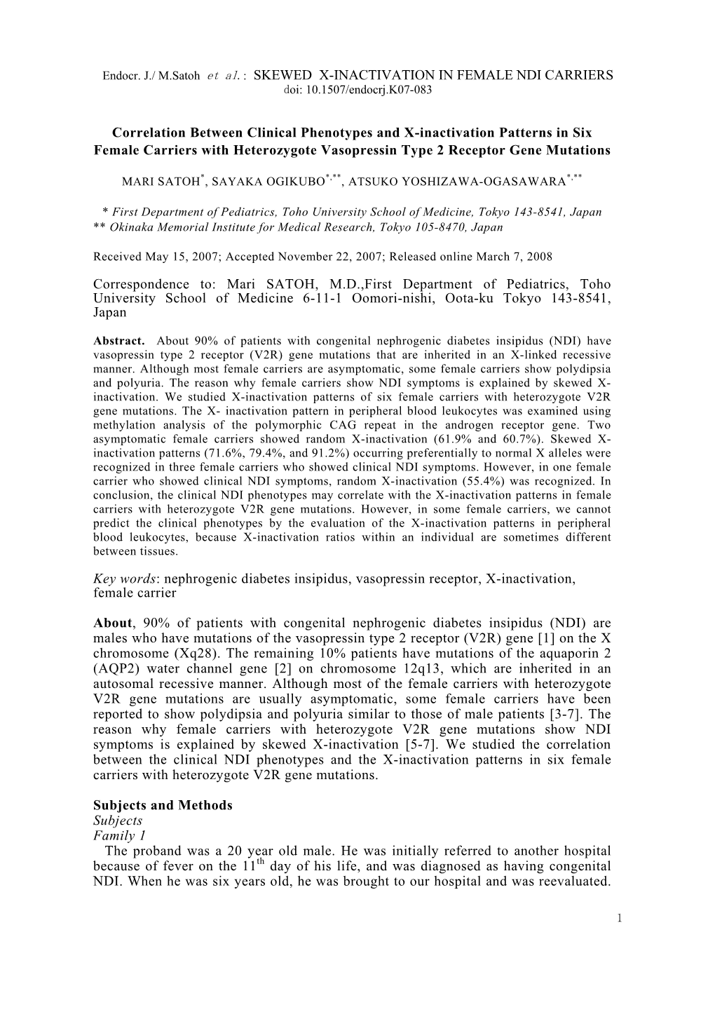 Endocr. J./ M.Satoh Et Al.: SKEWED X-INACTIVATION in FEMALE NDI CARRIERS Doi: 10.1507/Endocrj.K07-083