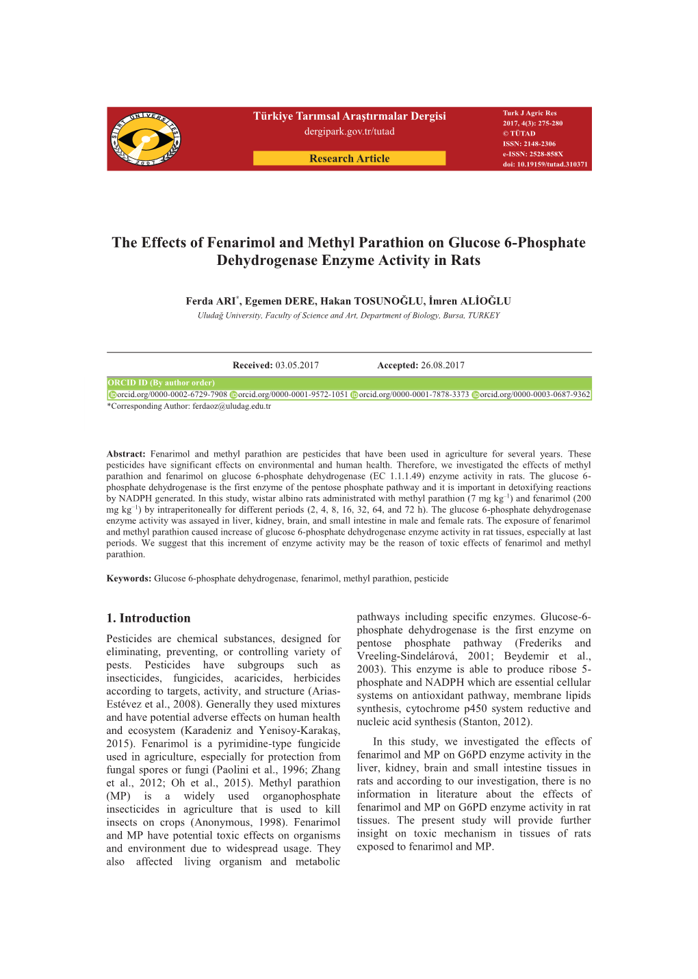 The Effects of Fenarimol and Methyl Parathion on Glucose 6-Phosphate Dehydrogenase Enzyme Activity in Rats