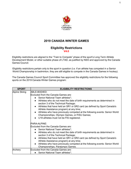 2019 CANADA WINTER GAMES Eligibility Restrictions