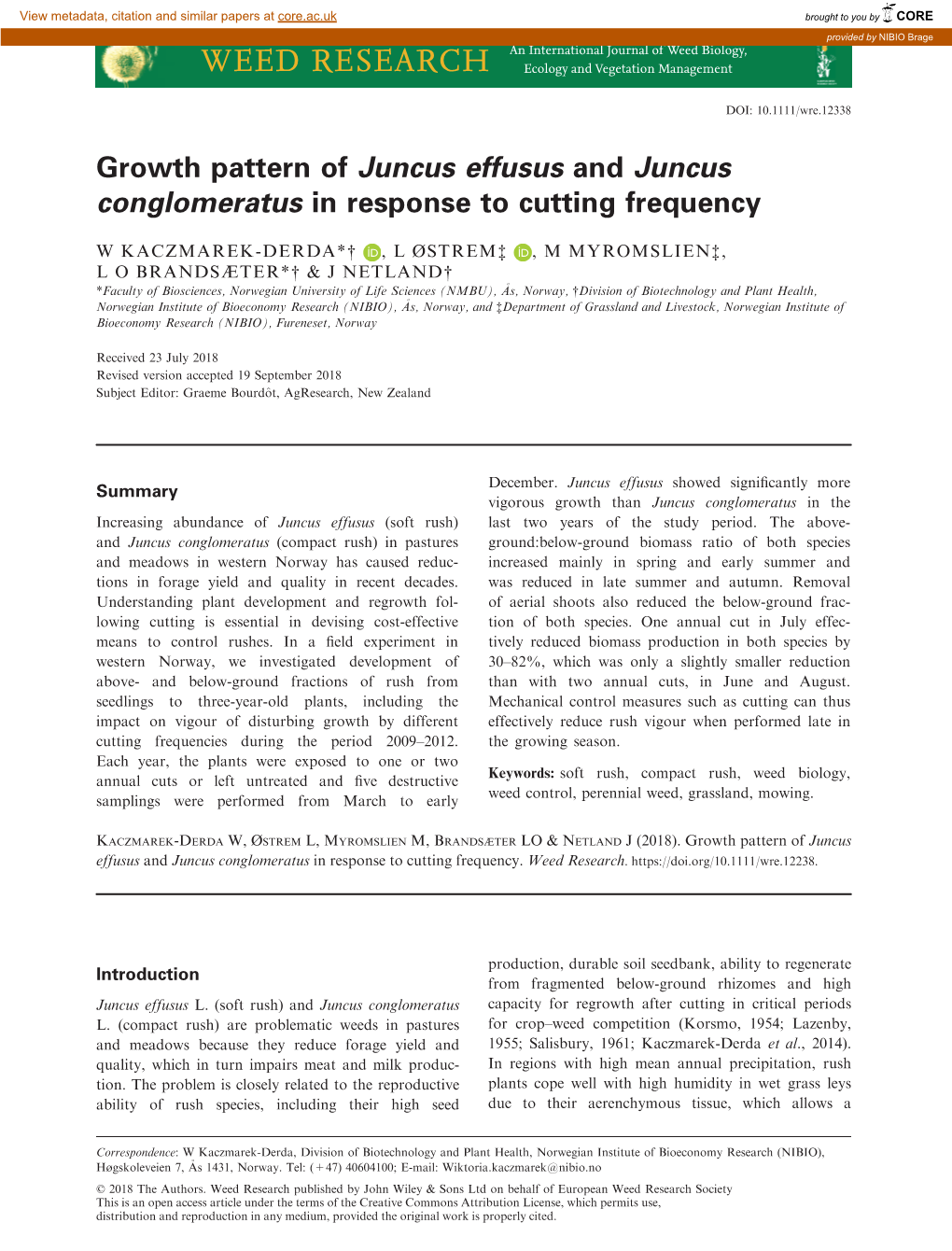 Growth Pattern of Juncus Effusus and Juncus Conglomeratus in Response to Cutting Frequency