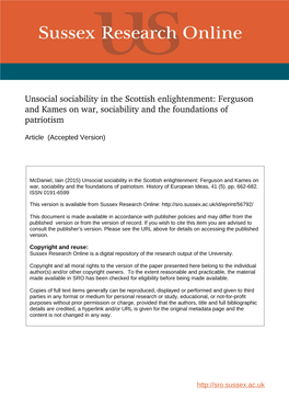 Unsocial Sociability in the Scottish Enlightenment: Ferguson and Kames on War, Sociability and the Foundations of Patriotism