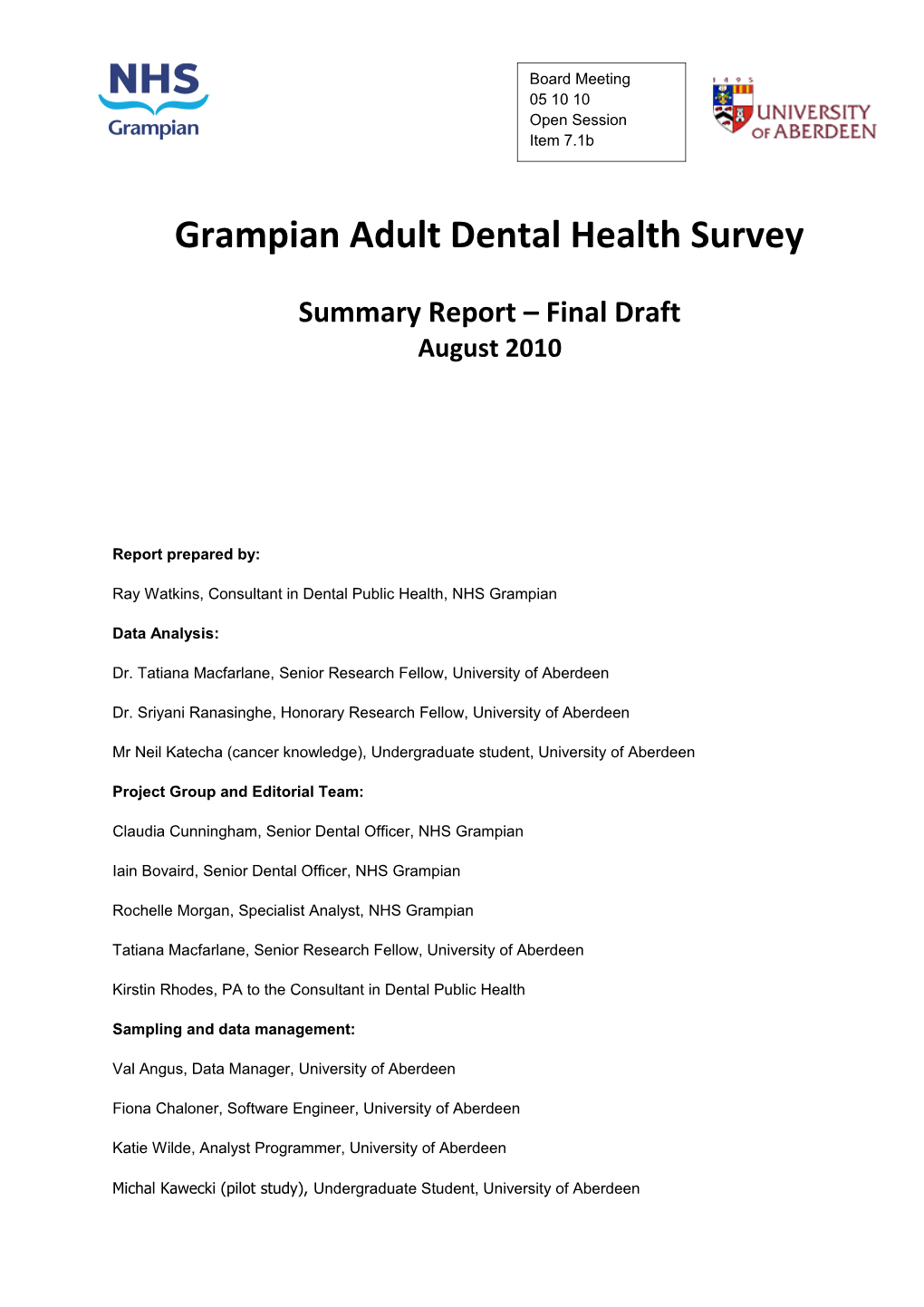 Item 7.1B for 5 Oct Grampian Adult Dental Health Survey