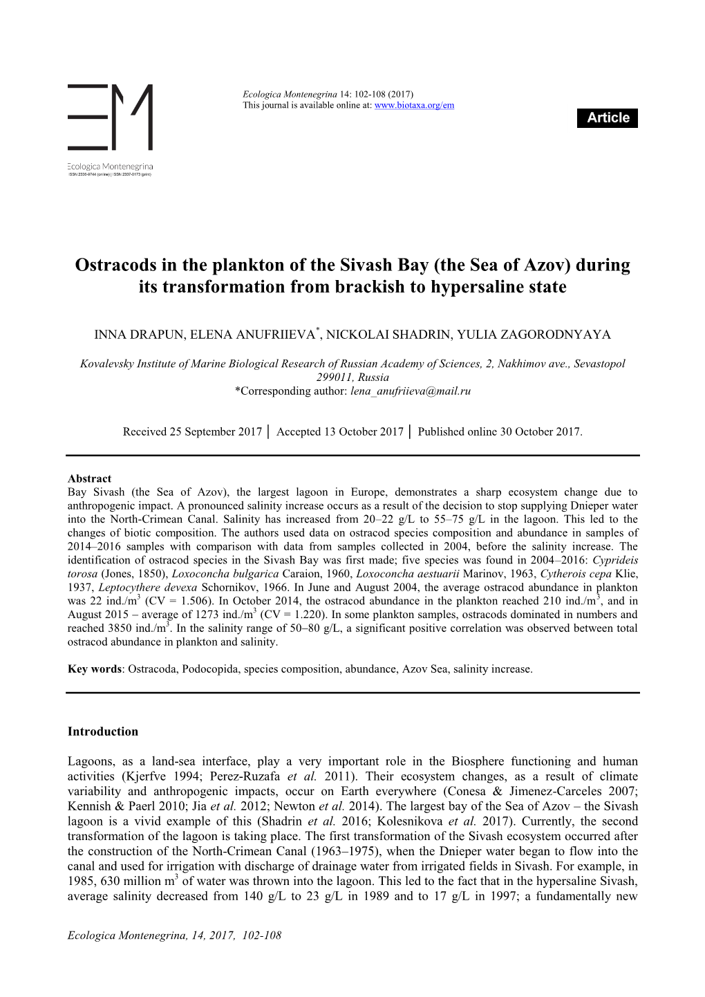 Ostracods in the Plankton of the Sivash Bay (The Sea of Azov) During Its Transformation from Brackish to Hypersaline State